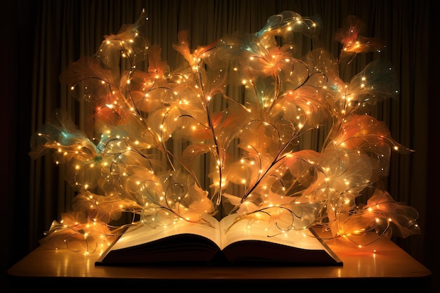 Foto ein magisches offenes buch, umgeben von einer leuchtenden pflanze auf einem dunklen hintergrund
