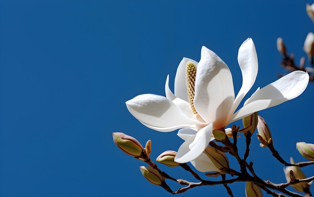 Ein Magnolienbaum mit einem blauen Himmel im Hintergrund.