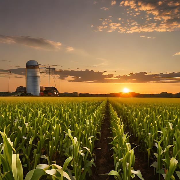 ein Maisfeld mit einem Silo im Hintergrund und einem Silo am Hintergrund