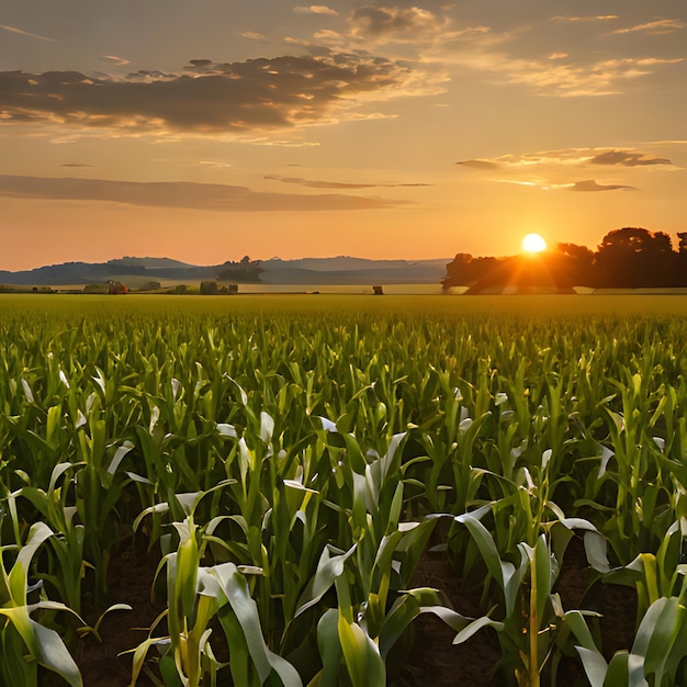 ein Maisfeld mit einem Sonnenuntergang im Hintergrund