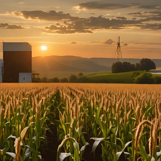 ein Maisfeld mit einem Sonnenuntergang im Hintergrund