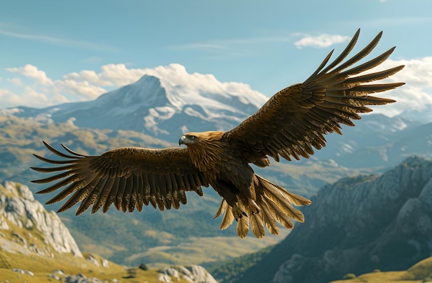 ein majestätischer Adler fliegt über eine gebirgige Landschaft