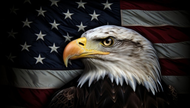 Ein majestätischer amerikanischer Glatzkopfadler breitet seine Flügel auf einem Hintergrund einer amerikanischen Flagge im Grunge-Stil aus