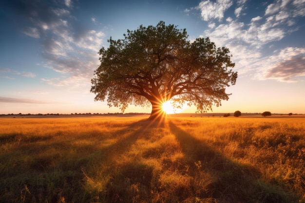 Ein majestätischer Baum in Silhouette gegen einen lebendigen Sonnenuntergang auf einem Feld