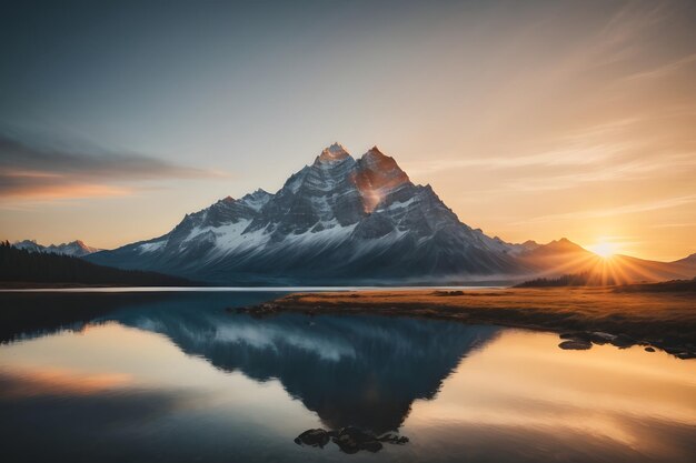 Ein majestätischer Berggipfel im Hintergrund, der von Sonnenuntergang in der Nähe des Sees beleuchtet wird