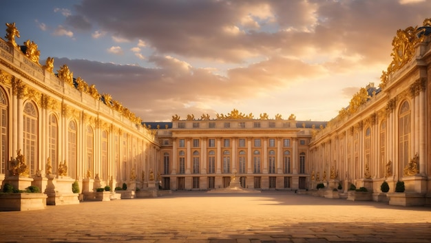 Ein majestätischer Blick auf das Schloss von Versailles, beleuchtet vom goldenen Licht der untergehenden Sonne