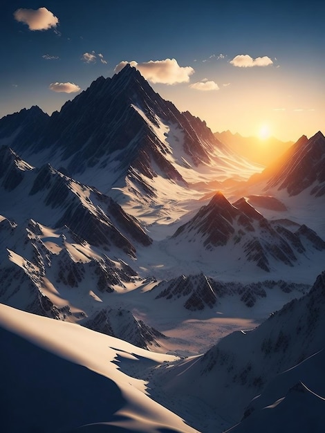 Ein majestätischer Blick auf den Morgenhimmel mit der Sonne, die über den schneebedeckten Gipfeln des Berges aufsteigt