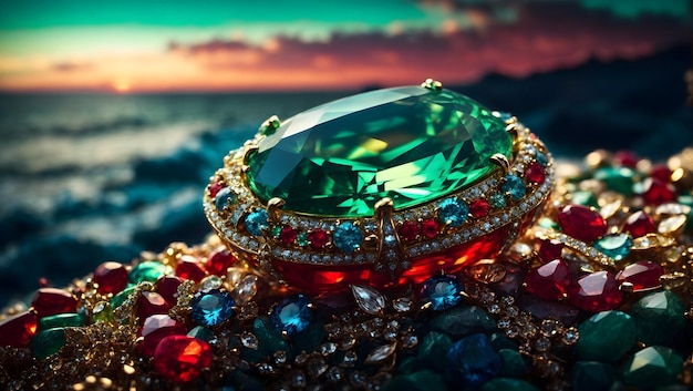 Foto ein majestätischer blick auf einen grünen beryl-edelstein, der mit einem kaleidoskop aus lichtern und farben strahlt