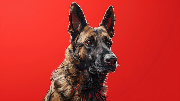Ein majestätischer deutscher Schäferhund mit einem konzentrierten Gesichtsausdruck Der Hund steht vor einem roten Hintergrund, der sein Fell hervorhebt