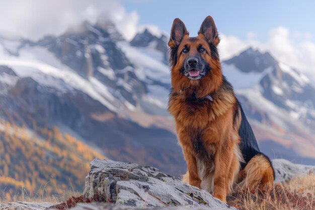 Ein majestätischer deutscher Schäferhund sitzt auf einem Bergfelsen vor Herbstblättern und schneebedeckten Gipfeln