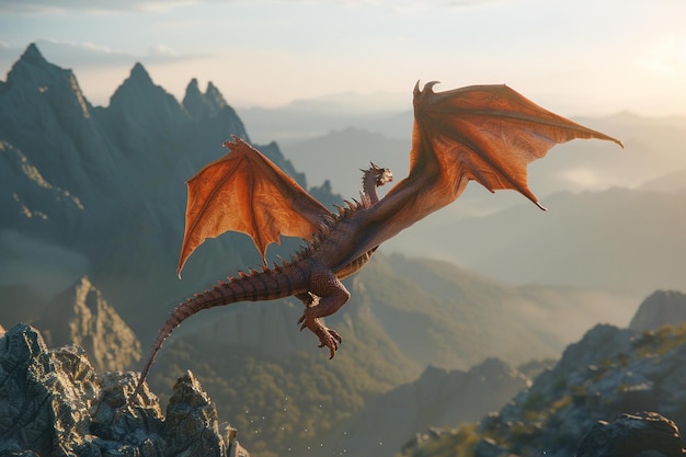 Ein majestätischer Drache fliegt über eine Bergkette.