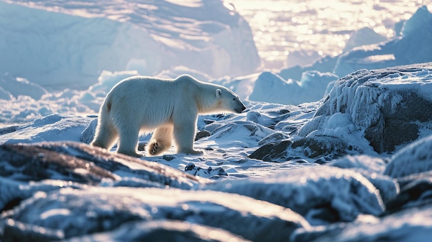 Ein majestätischer Eisbär geht auf der Jagd durch Eisschilde und Felsen