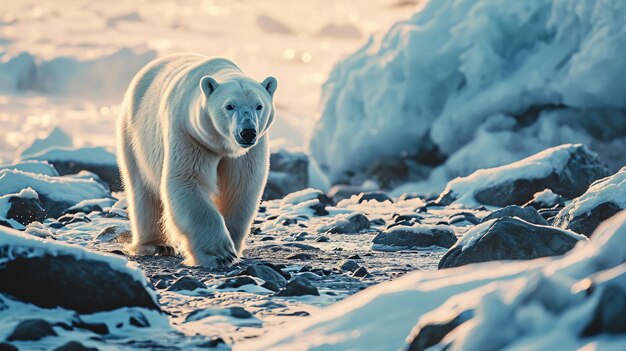 Ein majestätischer Eisbär geht auf der Jagd durch Eisschilde und Felsen