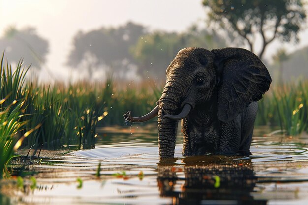 Foto ein majestätischer elefant badet in einem fluss