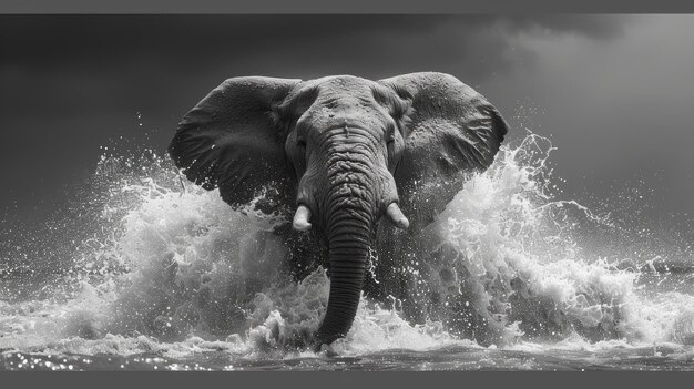 Ein majestätischer Elefant, der in dynamischen Wasserspritzungen gefangen genommen wurde, ein atemberaubendes Schwarz-Weiß-Portrait von Wildtieren