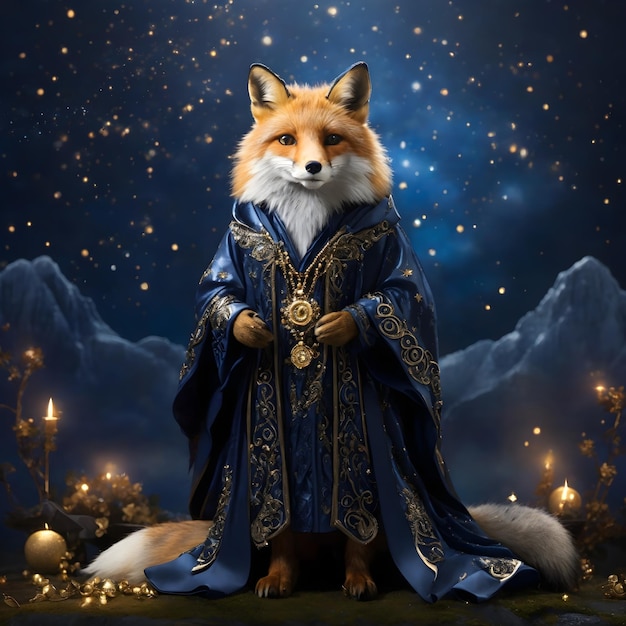 Ein majestätischer Fuchs in einem nachtblauen Mantel mit schimmerndem Goldbesatz