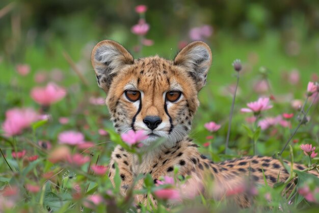 Ein majestätischer Gepard liegt in grünem Gras umgeben von rosa Wildblumen in ruhiger Natur