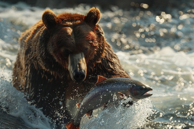 Ein majestätischer Grizzlybär fängt Lachs in einem Fluss.