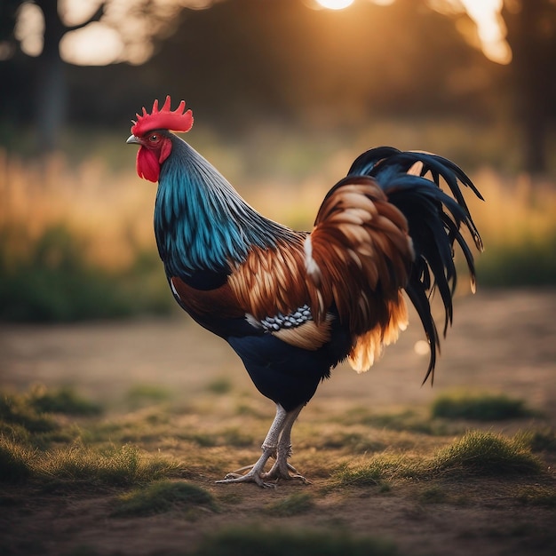 Ein majestätischer Hahn steht auf einem Bauernhof und zeigt seine lebendigen Federn