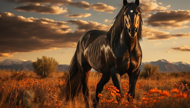 Foto ein majestätischer hengst galloppiert frei durch eine wiese bei sonnenuntergang, erzeugt von ki