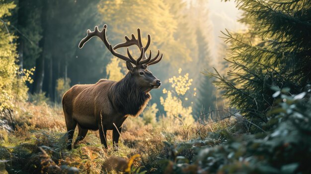 Ein majestätischer Hirsch steht auf einer Waldfläche, die in goldenem Licht gebadet ist.