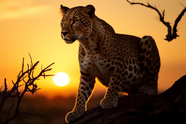 Ein majestätischer Leopard im goldenen Glanz eines atemberaubenden Sonnenaufgangs