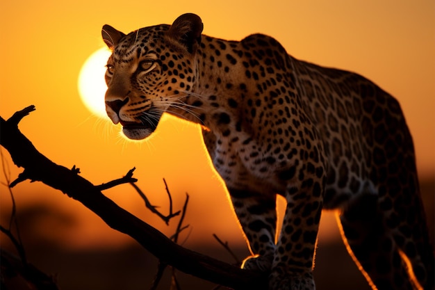 Ein majestätischer Leopard im goldenen Glanz eines atemberaubenden Sonnenaufgangs