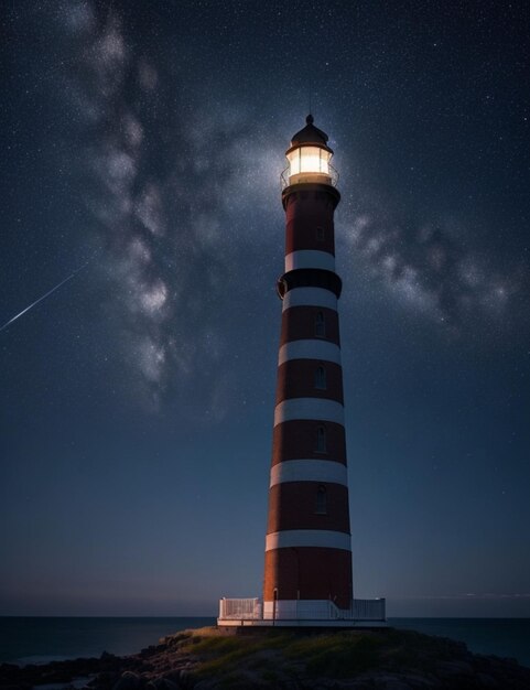 Ein majestätischer Leuchtturm ragt empor vor dem sternenklaren Nachthimmel