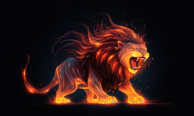 Ein majestätischer Löwe mit feuriger Aura und heftigem Brüll, der mit generativen KI-Tools erstellt wird