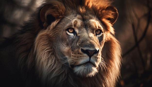 Ein majestätischer männlicher Löwe starrt in ein von künstlicher Intelligenz erzeugtes Reservat in der afrikanischen Wildnis in die Kamera.