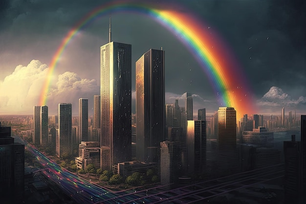 Ein majestätischer Regenbogen über der geschäftigen Stadt mit hoch aufragenden Wolkenkratzern im Hintergrund