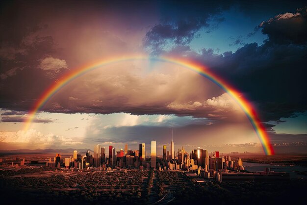 Ein majestätischer Regenbogen über der Stadt mit Blick auf die Skyline im Hintergrund