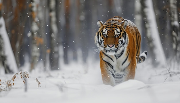 Foto ein majestätischer sibirischer tiger, der sich heimlich durch einen verschneiten wald im fernen osten russlands bewegt