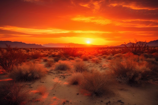 Ein majestätischer Sonnenuntergang in der Wüste mit leuchtenden orange- und rotfarbigen Farben, die mit generativer AI erzeugt wurden