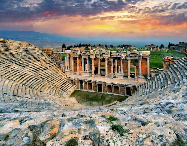 Ein majestätischer Sonnenuntergang über dem antiken Hierapolis-Theater in Pamukkale, Türkei