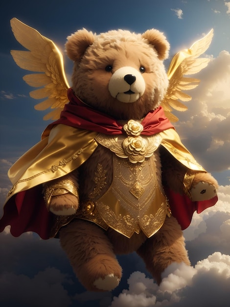 Ein majestätischer Teddybär mit goldenem Umhang, der durch einen Wolkenhimmel schwebt