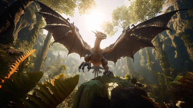 Ein majestätischer Vogel thront auf einem lebendigen Wald in einem atemberaubenden Screenshot der Unreal Engine 5, der eine hochdetaillierte und kinoreife Wiedergabe zeigt