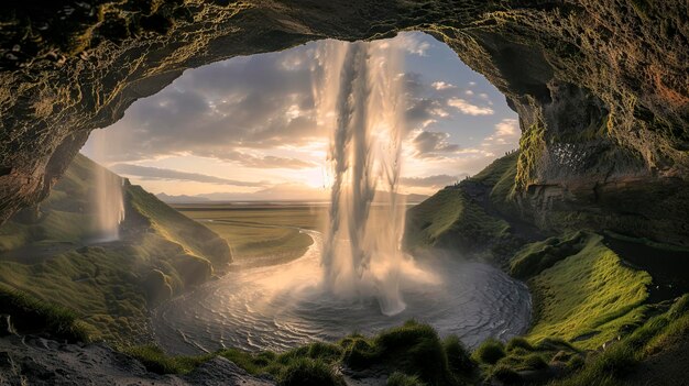 Foto ein majestätischer wasserfall mit einem großen gewässer