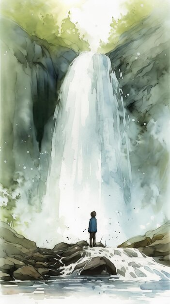 Ein majestätischer Wasserfall mit verborgenen Gesichtern in Aquarellmalerei