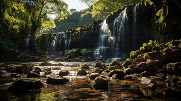 Ein majestätischer Wasserfall stürzt von einer felsigen Klippe herunter, umgeben von üppigem Grün.