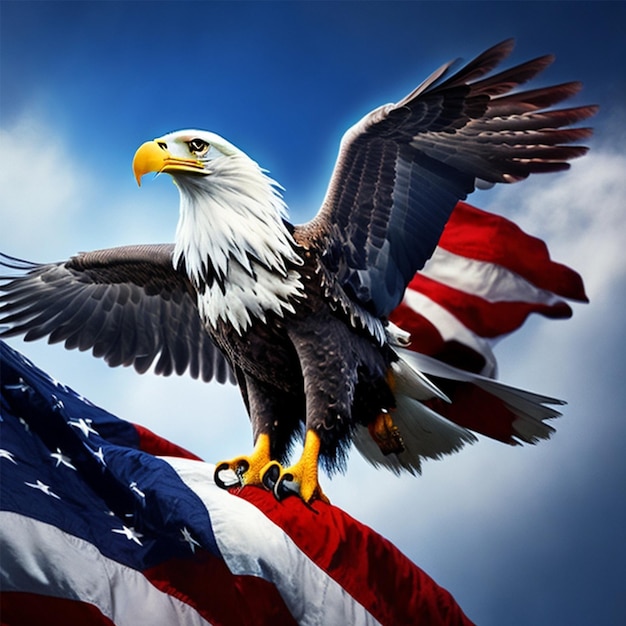 Ein majestätischer Weißkopfseeadler thront auf einer amerikanischen Flagge und breitet seine Flügel in einer quadratischen Formation aus