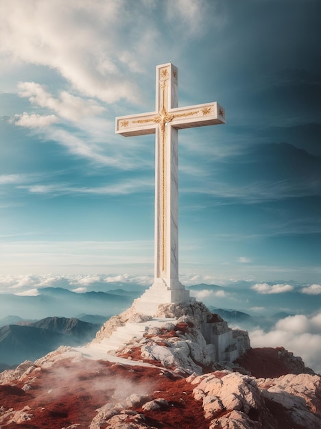 Ein majestätisches christliches Kreuz aus Marmor steht auf einem Berg, umgeben von einem Wolkenmeer