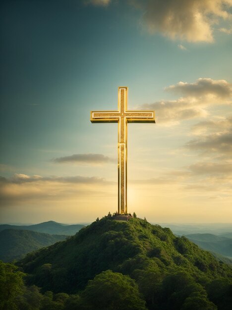 Ein majestätisches christliches Kreuz aus schimmerndem Gold steht auf einem Hügel, umgeben von einem üppigen Wald