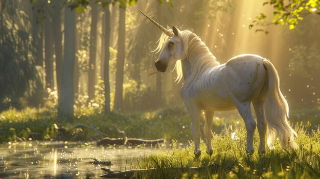 Foto ein majestätisches einhorn steht stolz auf einer lichtung, sein elfenbeinfarbenes horn glänzt in der sonne, während es zuschaut