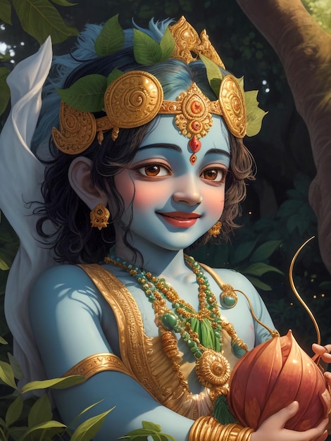 Ein majestätisches Lord Baby Krishna, süßes Lächeln, Gesicht, Halbkörperporträt, hellblauer Hautton