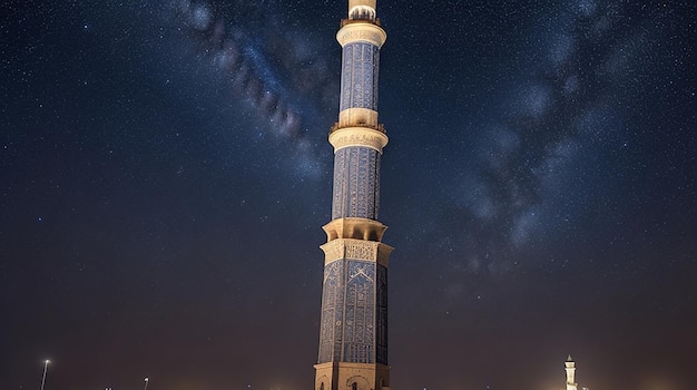 Ein majestätisches Minarett, das sich hoch vor einem sternenklaren Nachthimmel abhebt