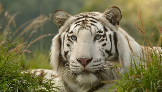 Ein majestätisches weißes Tigergesicht in Nahaufnahme ein einsames Symbol von Anmut und Stärke im ruhigen Wald