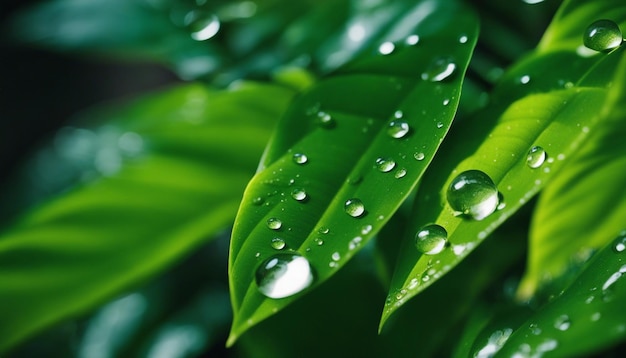 Ein Makro-Schuss von Wassertropfen auf den Blättern