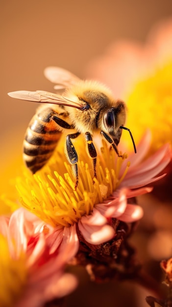 Ein Makrofoto einer Honigbiene auf einer großen Blume. Ai-generierte Illustration