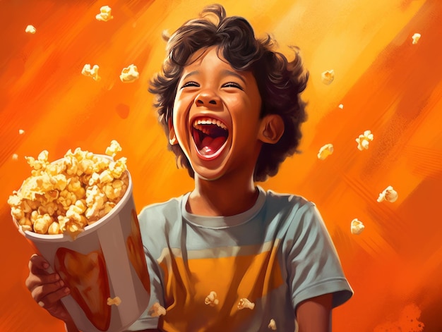 Ein malaiischer Junge, der einen Moment des Lachens genießt, während er Popcorn isst